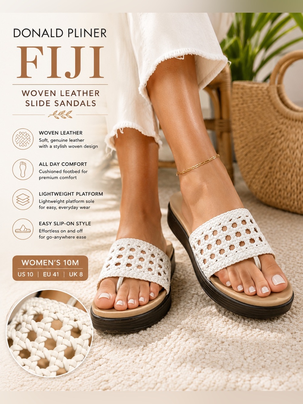 Donald Pliner Fiji White Woven Leather Platform Slide Sandals Women’s 10M